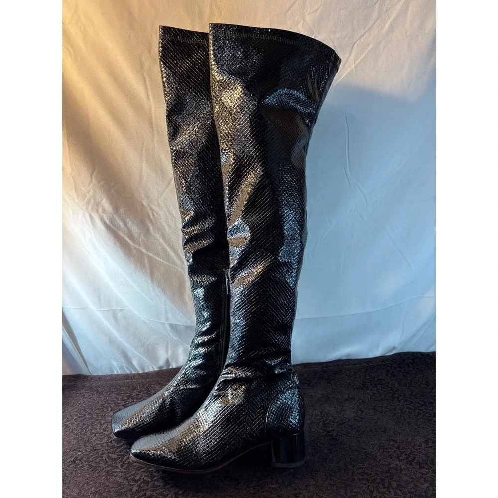 Franco Sarto Womens Black Snake Over The Knee Boots Square Toe Block Heel 5